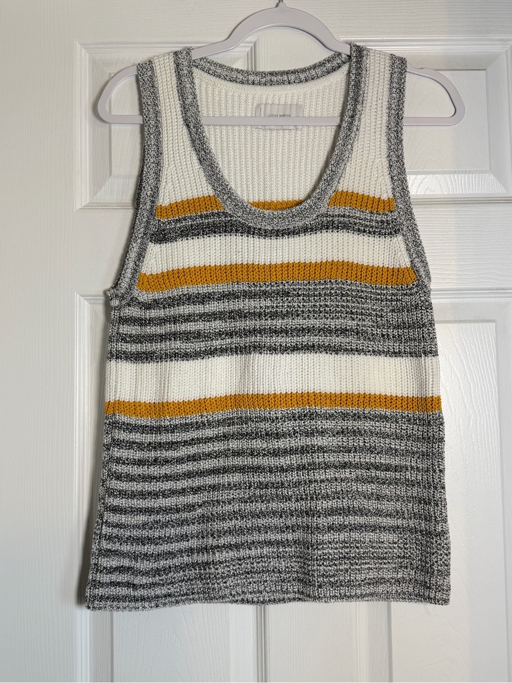 Lucky Brand Striped Knit V-Neck Tank in White, Gray & Mustard